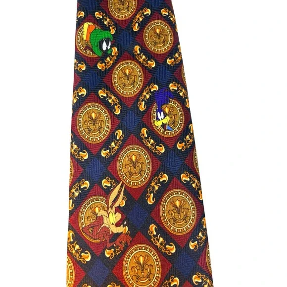 Looney Tunes Necktie Mens Navy Burgundy Vintage 1997 Excellent Medallion Print - Picture 3 of 12